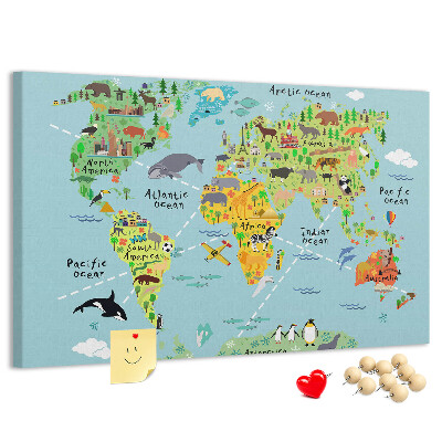 Korktafel bunte Weltkarte mit Tieren und Kontinenten