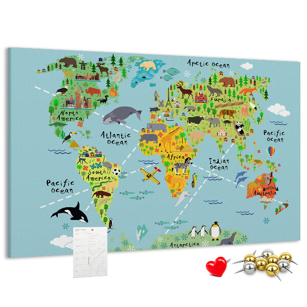 Korktafel bunte Weltkarte mit Tieren und Kontinenten