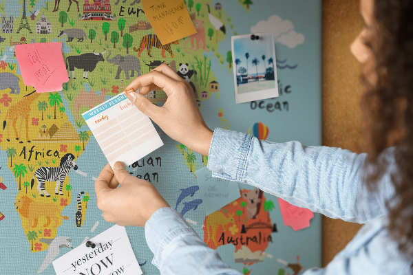 Korktafel bunte Weltkarte mit Tieren und Kontinenten