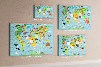 Korktafel bunte Weltkarte mit Tieren und Kontinenten