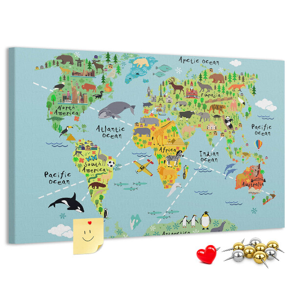 Korktafel bunte Weltkarte mit Tieren und Kontinenten