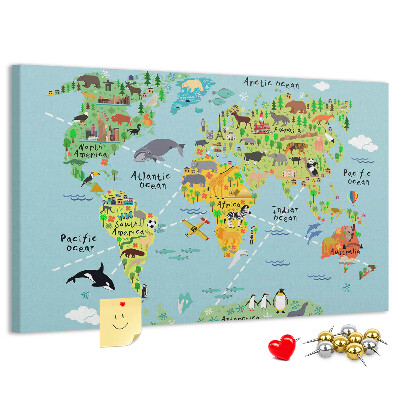 Korktafel bunte Weltkarte mit Tieren und Kontinenten