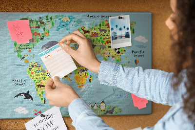 Korktafel bunte Weltkarte mit Tieren und Kontinenten