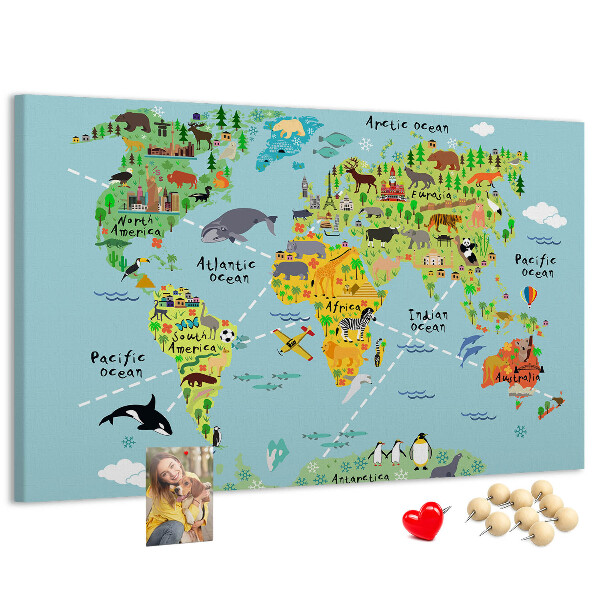 Korktafel bunte Weltkarte mit Tieren und Kontinenten