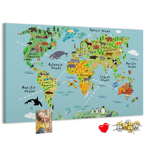 Korktafel bunte Weltkarte mit Tieren und Kontinenten