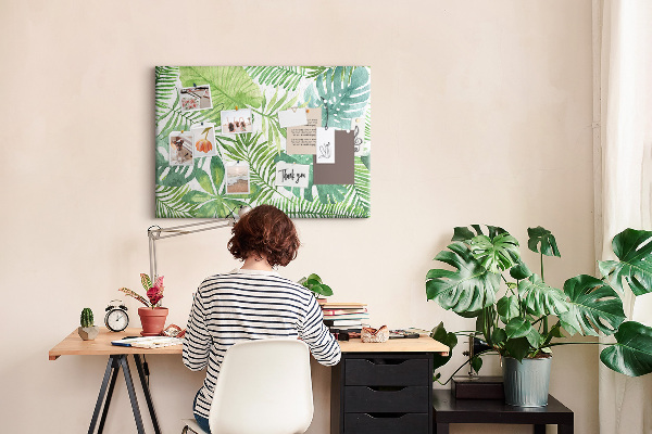 Kork-Pinnwand mit Aquarell-Motiv grüner tropischer Blätter