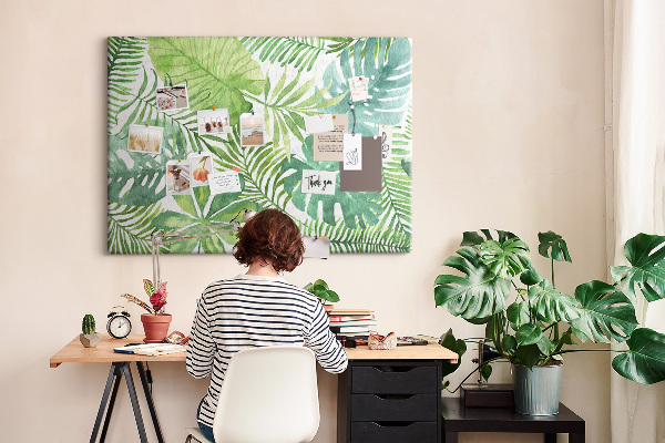 Kork-Pinnwand mit Aquarell-Motiv grüner tropischer Blätter