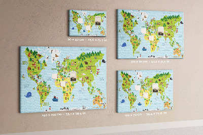 Kork-Pinnwand farbenfrohe Weltkarte mit Tierfiguren