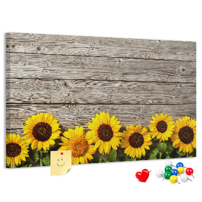 Kork-Pinnwand mit Motiv Sonnenblumen auf Holzbrettern