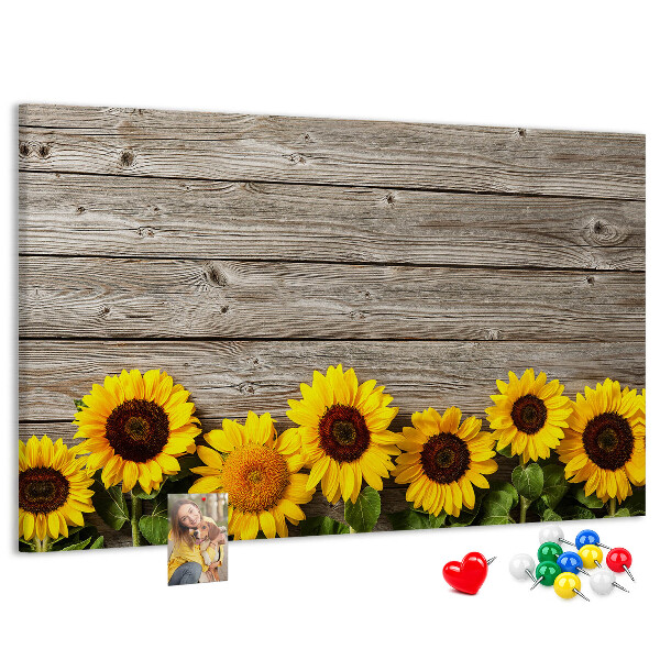 Kork-Pinnwand mit Motiv Sonnenblumen auf Holzbrettern