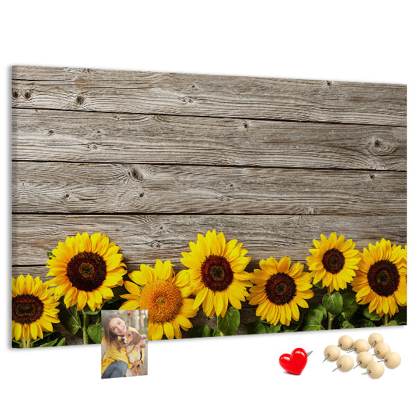 Kork-Pinnwand mit Motiv Sonnenblumen auf Holzbrettern