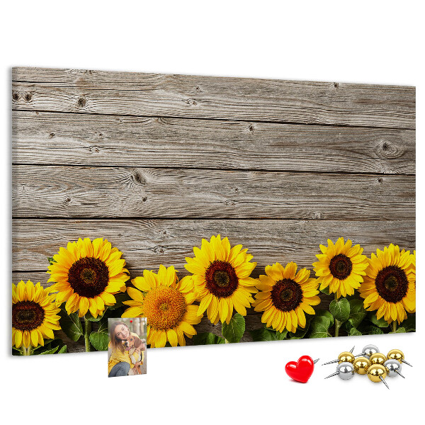 Kork-Pinnwand mit Motiv Sonnenblumen auf Holzbrettern