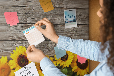 Kork-Pinnwand mit Motiv Sonnenblumen auf Holzbrettern