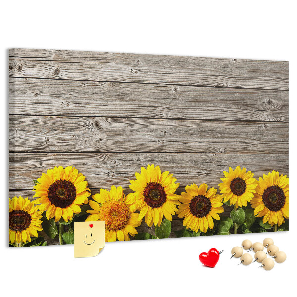 Kork-Pinnwand mit Motiv Sonnenblumen auf Holzbrettern