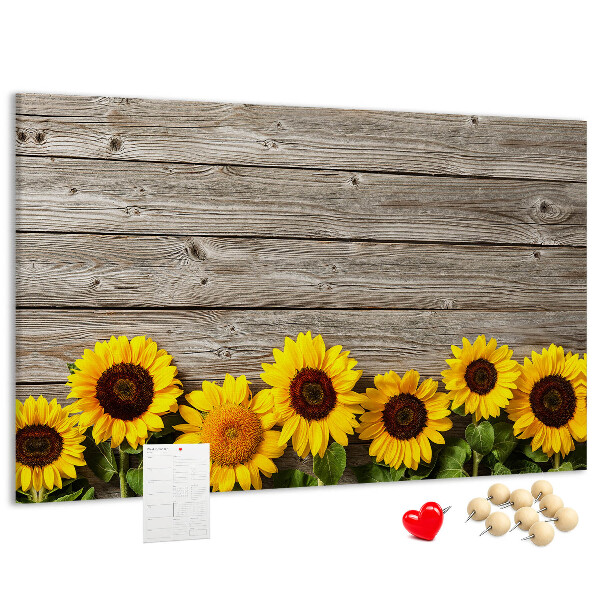 Kork-Pinnwand mit Motiv Sonnenblumen auf Holzbrettern