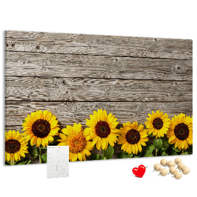 Kork-Pinnwand mit Motiv Sonnenblumen auf Holzbrettern