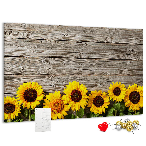 Kork-Pinnwand mit Motiv Sonnenblumen auf Holzbrettern