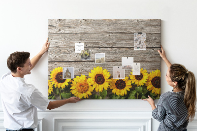 Kork-Pinnwand mit Motiv Sonnenblumen auf Holzbrettern