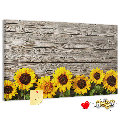 Kork-Pinnwand mit Motiv Sonnenblumen auf Holzbrettern