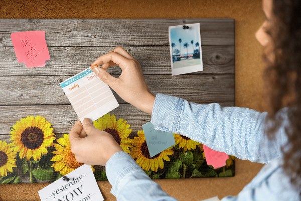 Kork-Pinnwand mit Motiv Sonnenblumen auf Holzbrettern