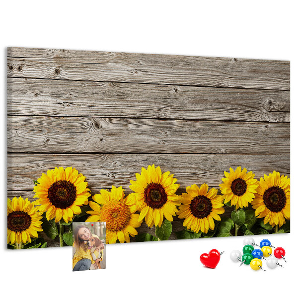 Kork-Pinnwand mit Motiv Sonnenblumen auf Holzbrettern