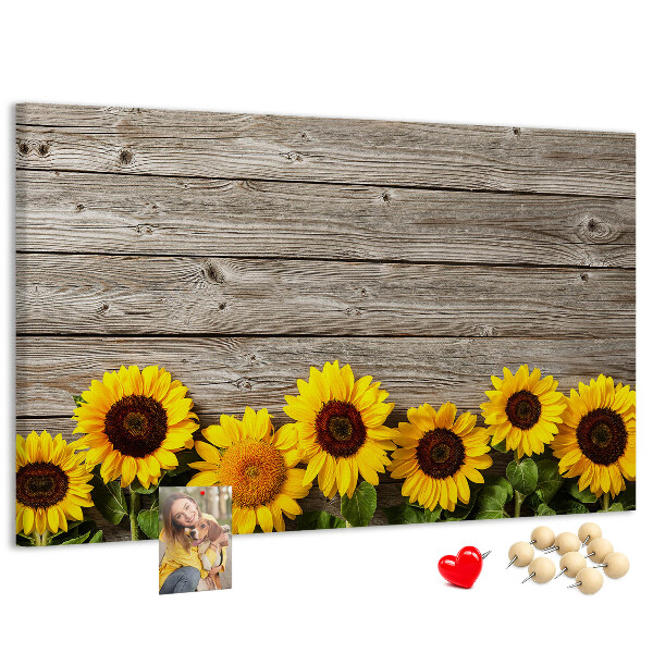 Kork-Pinnwand mit Motiv Sonnenblumen auf Holzbrettern