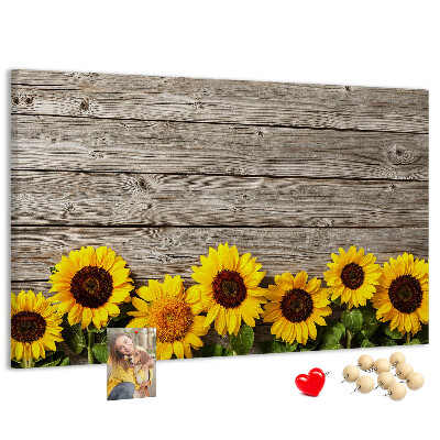 Kork-Pinnwand mit Motiv Sonnenblumen auf Holzbrettern