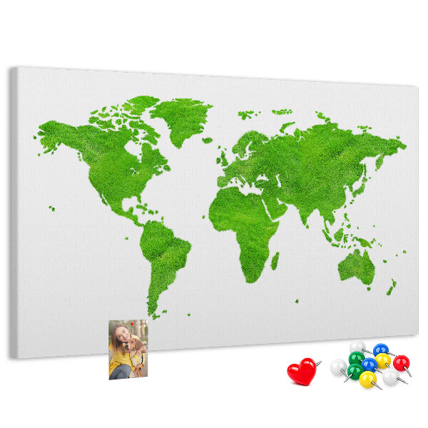 Wandbild Weltkarte mit grüner Rasenoberfläche und Korkrückwand