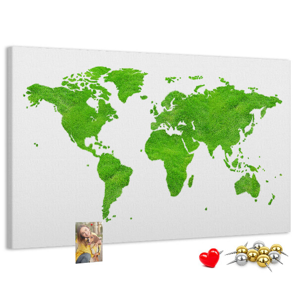 Wandbild Weltkarte mit grüner Rasenoberfläche und Korkrückwand