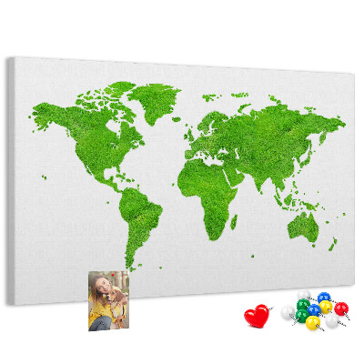 Wandbild Weltkarte mit grüner Rasenoberfläche und Korkrückwand