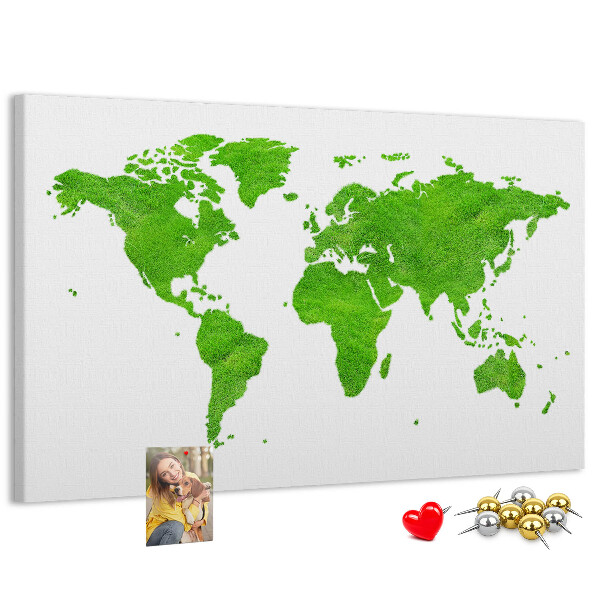 Wandbild Weltkarte mit grüner Rasenoberfläche und Korkrückwand