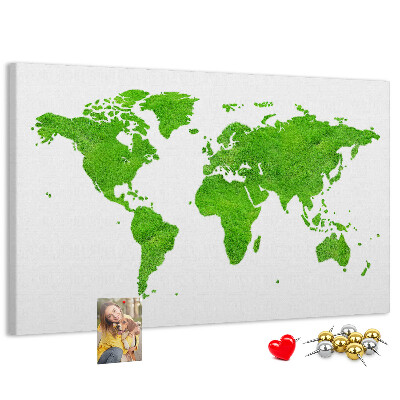 Wandbild Weltkarte mit grüner Rasenoberfläche und Korkrückwand