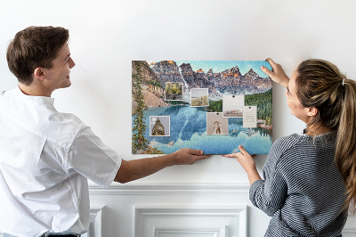 Bild mit Korkrückwand Berglandschaft, die sich im See spiegelt