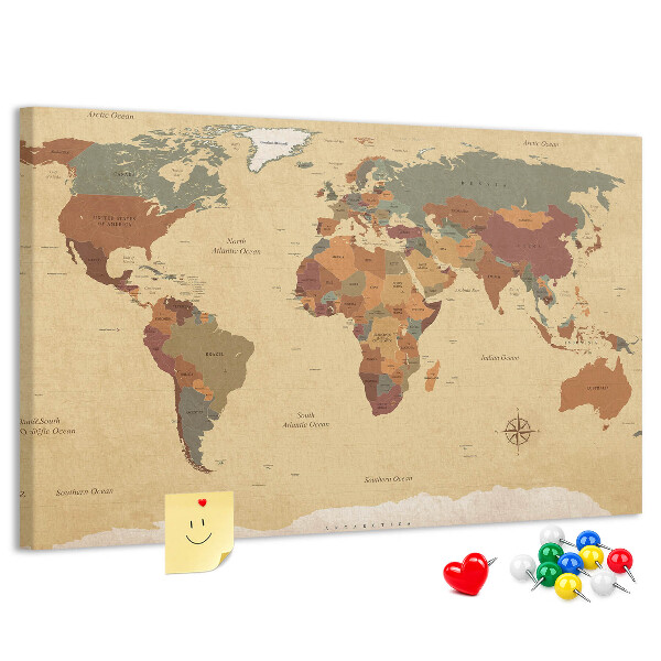 Korktafel mit Motiv einer antiken Weltkarte in gedeckten Farben