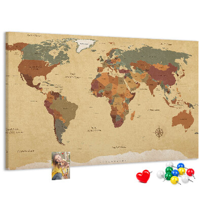 Korktafel mit Motiv einer antiken Weltkarte in gedeckten Farben