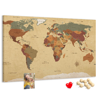 Korktafel mit Motiv einer antiken Weltkarte in gedeckten Farben