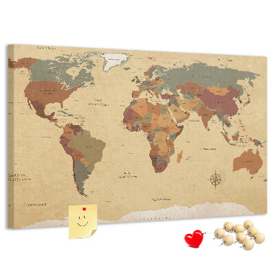Korktafel mit Motiv einer antiken Weltkarte in gedeckten Farben