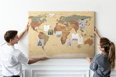 Korktafel mit Motiv einer antiken Weltkarte in gedeckten Farben