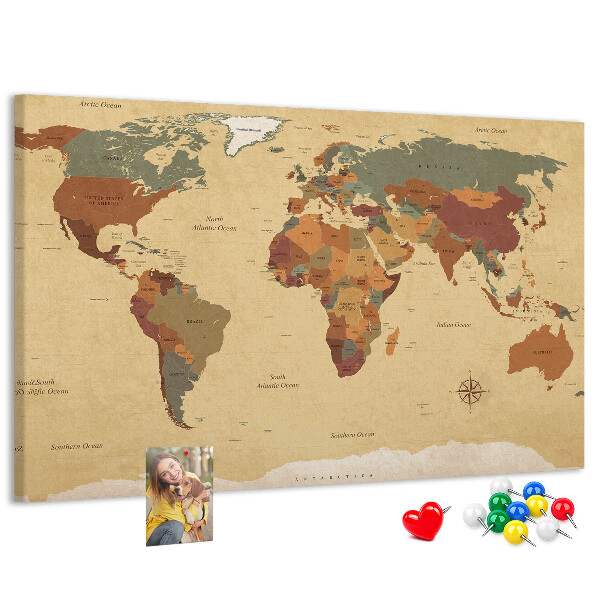 Korktafel mit Motiv einer antiken Weltkarte in gedeckten Farben