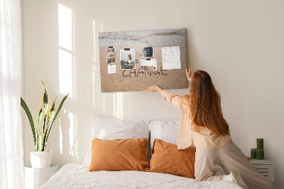 Bild mit Korkrückwand mit dem Motiv Veränderungen, die in den Strandsand geschrieben stehen