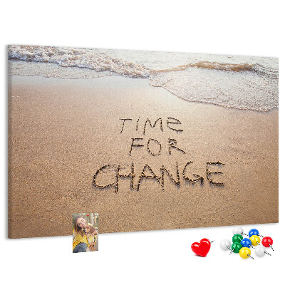 Bild mit Korkrückwand mit dem Motiv Veränderungen, die in den Strandsand geschrieben stehen