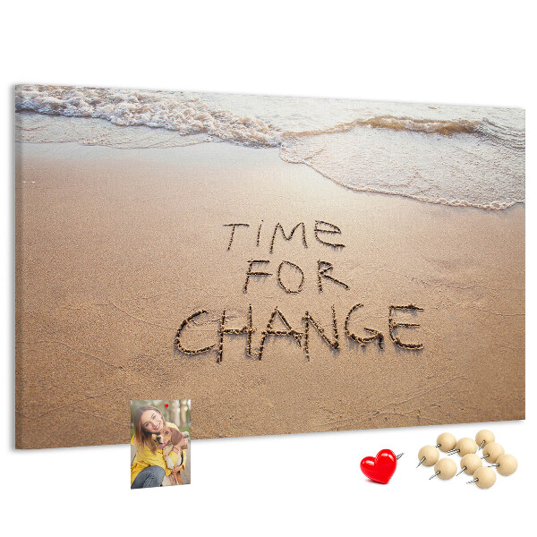 Bild mit Korkrückwand mit dem Motiv Veränderungen, die in den Strandsand geschrieben stehen