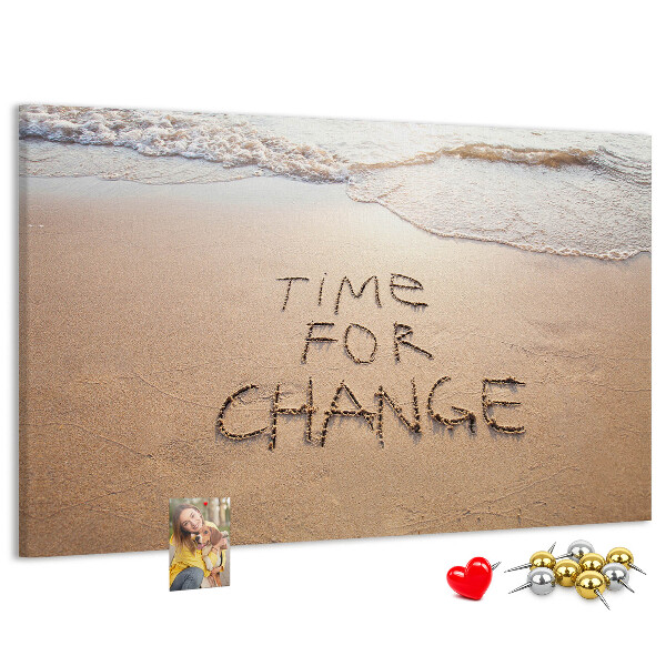 Bild mit Korkrückwand mit dem Motiv Veränderungen, die in den Strandsand geschrieben stehen