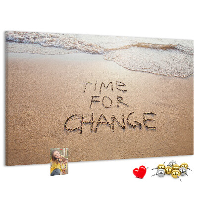 Bild mit Korkrückwand mit dem Motiv Veränderungen, die in den Strandsand geschrieben stehen