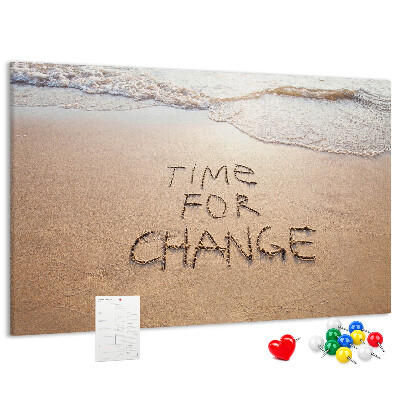 Bild mit Korkrückwand mit dem Motiv Veränderungen, die in den Strandsand geschrieben stehen