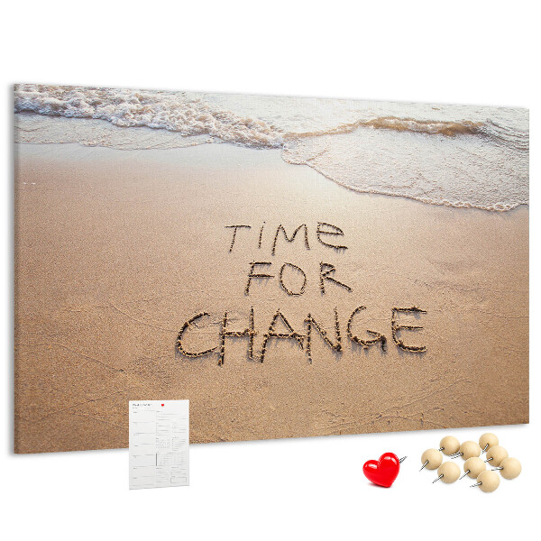 Bild mit Korkrückwand mit dem Motiv Veränderungen, die in den Strandsand geschrieben stehen