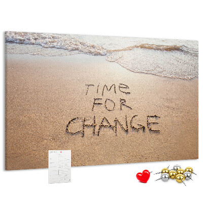 Bild mit Korkrückwand mit dem Motiv Veränderungen, die in den Strandsand geschrieben stehen