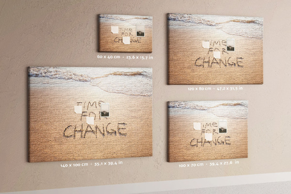 Bild mit Korkrückwand mit dem Motiv Veränderungen, die in den Strandsand geschrieben stehen