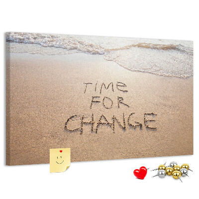 Bild mit Korkrückwand mit dem Motiv Veränderungen, die in den Strandsand geschrieben stehen