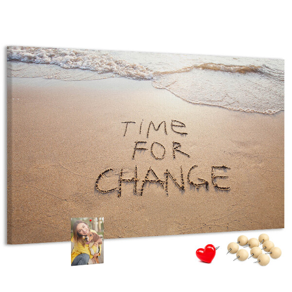 Bild mit Korkrückwand mit dem Motiv Veränderungen, die in den Strandsand geschrieben stehen